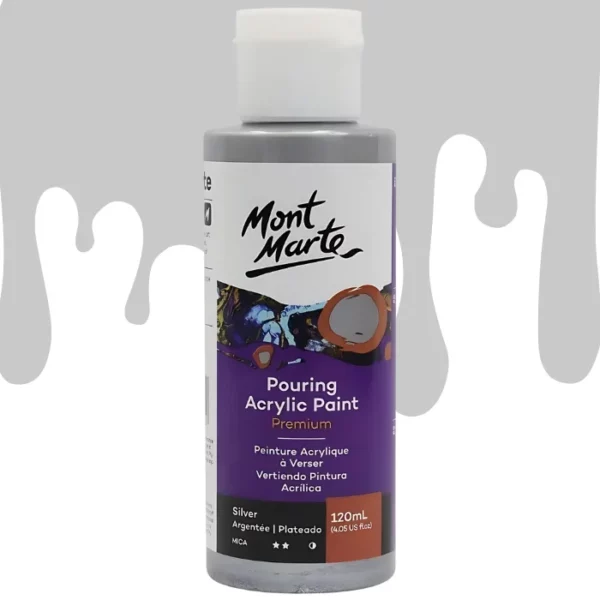 A single bottle of Silver Mont Marte Pouring Acrylic Paint is shown in the center of the frame. The bottle is clear plastic so you can see the colour of the paint through the bottle. It has a white flip top cap and a printed label around the body of the bottle. The label is white and purple and has the Mont Marte logo printed at the top with the colour name and product details below. There is a drip paint background at the back of the bottle, at the top of the frame, in the colour of the paint.