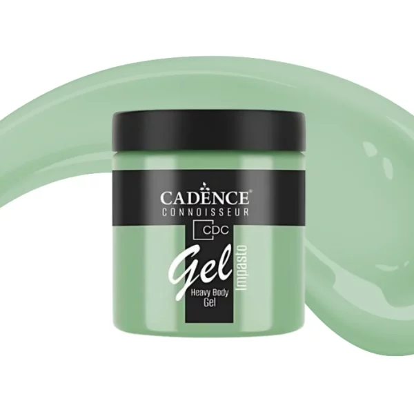 A single jar of Spring Green Cadence Connoissuer Heavy Body Gel Acrylic is shown in the center of the frame. The jar is made of clear plastic and has a black plastic, screw on lid. You can see the colour of the paint through the clear jar. There is a label around the body of the jar that has the Cadence logo and product name and details printed on the label. There is a colour swatch swirl behind the jar that denotes the colour of the paint. On a white background.