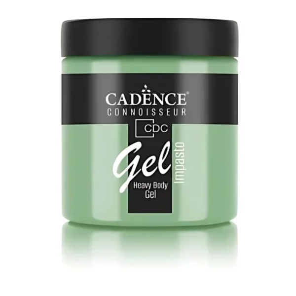 A single jar of Spring Green Cadence Connoissuer Heavy Body Gel Acrylic is shown in the center of the frame. The jar is made of clear plastic and has a black plastic, screw on lid. You can see the colour of the paint through the clear jar. There is a label around the body of the jar that has the Cadence logo and product name and details printed on the label. There is a reflection below the bottle. On a white background.