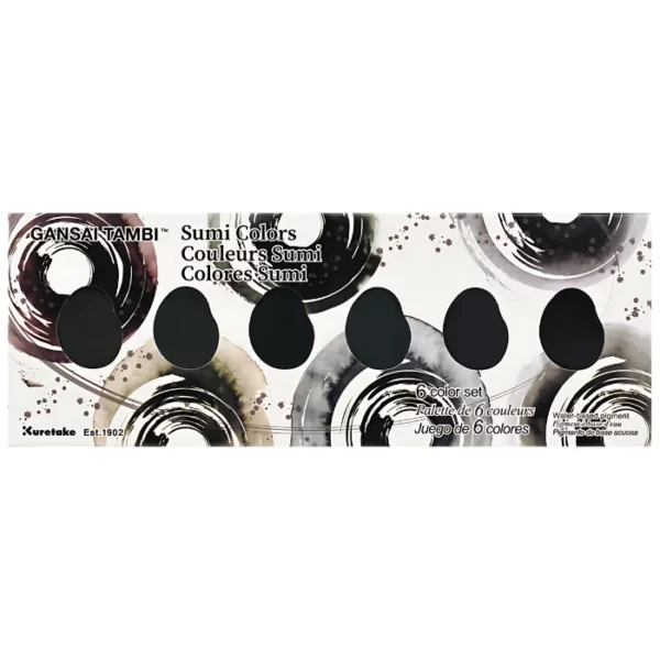 A single Sumi Kuretake Gansai Tambi Metallic Watercolour Set is shown horizontally in the center of the frame. The set has 6 die cut holes so you can see the colours of the paint pans inside the set. The box is white with tinted grey shaded circles. The image is center of the frame and on a white background.