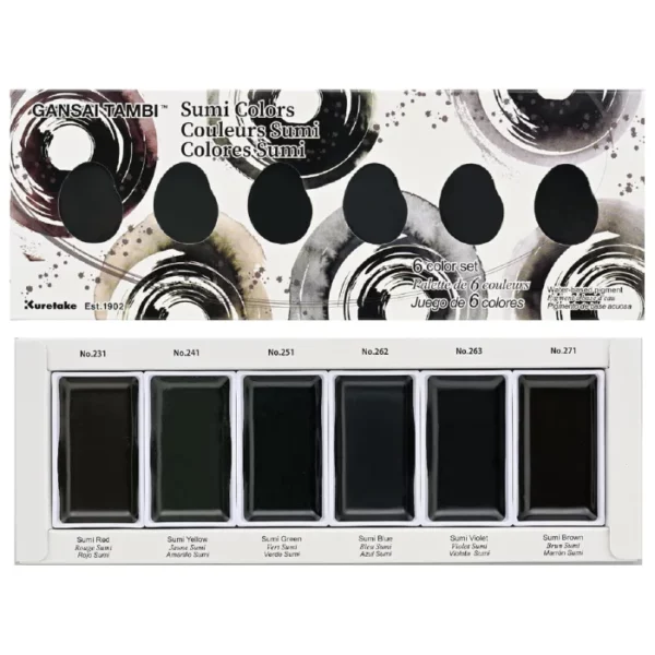 A single Sumi Kuretake Gansai Tambi Metallic Watercolour Set is shown horizontally across the top of the frame. The set has 6 die cut holes so you can see the colours of the paint pans inside the set. The box is white with tinted grey shaded circles. The open tray of paint pans is shown below the box. There are 6 rectangular paint pans that are varying shades of tinted grey. The colours of each pan are labelled below the pan. The image is center of the frame and on a white background.