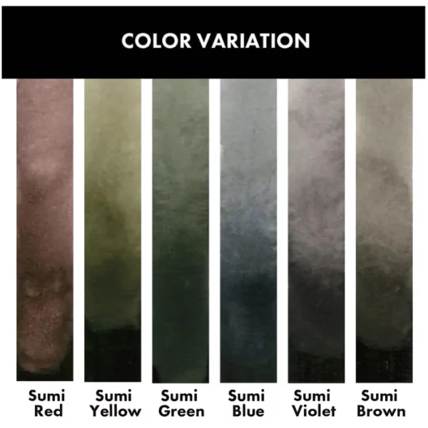 The image consists of 6 vertical stripes that have been painted out from the Sumi Kuretake Gansai Tambi Metallic Watercolour Set. Below each vertical strip, is the name of the paint pan that was used to create the swatch. There is a black horizontal bar at the top of the frame with white text that reads Colour Variation.