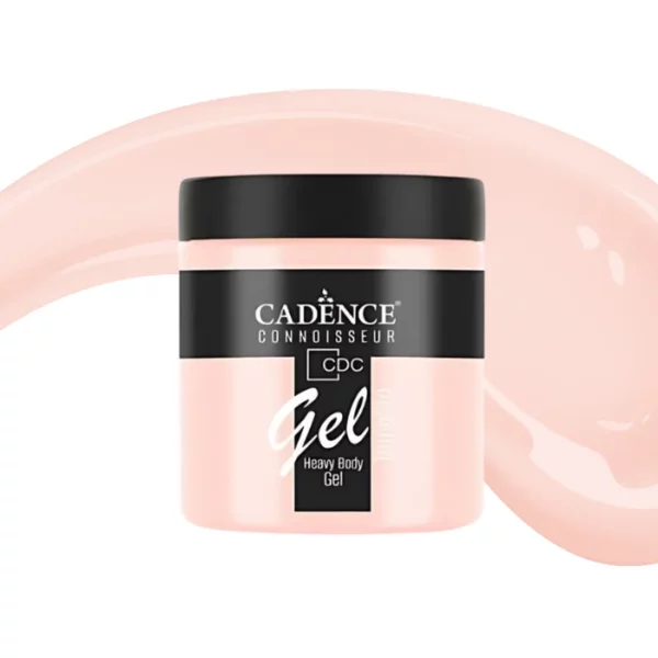 A single jar of Summer Blush Cadence Connoissuer Heavy Body Gel Acrylic is shown in the center of the frame. The jar is made of clear plastic and has a black plastic, screw on lid. You can see the colour of the paint through the clear jar. There is a label around the body of the jar that has the Cadence logo and product name and details printed on the label. There is a colour swatch swirl behind the jar that denotes the colour of the paint. On a white background.