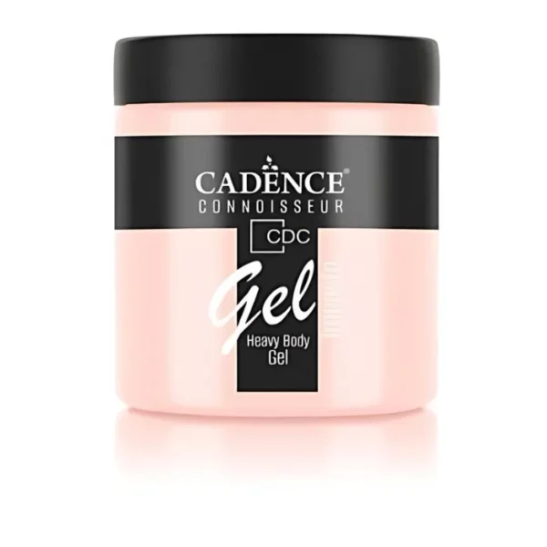 A single jar of Summer Blush Cadence Connoissuer Heavy Body Gel Acrylic is shown in the center of the frame. The jar is made of clear plastic and has a black plastic, screw on lid. You can see the colour of the paint through the clear jar. There is a label around the body of the jar that has the Cadence logo and product name and details printed on the label. There is a reflection below the bottle. On a white background.