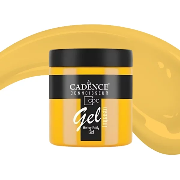 A single jar of Sunflower Cadence Connoissuer Heavy Body Gel Acrylic is shown in the center of the frame. The jar is made of clear plastic and has a black plastic, screw on lid. You can see the colour of the paint through the clear jar. There is a label around the body of the jar that has the Cadence logo and product name and details printed on the label. There is a colour swatch swirl behind the jar that denotes the colour of the paint. On a white background.