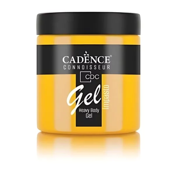 A single jar of Sunflower Cadence Connoissuer Heavy Body Gel Acrylic is shown in the center of the frame. The jar is made of clear plastic and has a black plastic, screw on lid. You can see the colour of the paint through the clear jar. There is a label around the body of the jar that has the Cadence logo and product name and details printed on the label. There is a reflection below the bottle. On a white background.