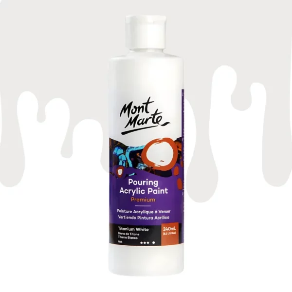 A single bottle of Titanium White Acrylic Mont Marte Pouring Acrylic Paint is shown in the center of the frame. The bottle is clear plastic so you can see the colour of the paint through the bottle. It has a white flip top cap and a printed label around the body of the bottle. The label is white and purple and has the Mont Marte logo printed at the top with the colour name and product details below. There is a drip paint background at the back of the bottle, at the top of the frame, in the colour of the paint.