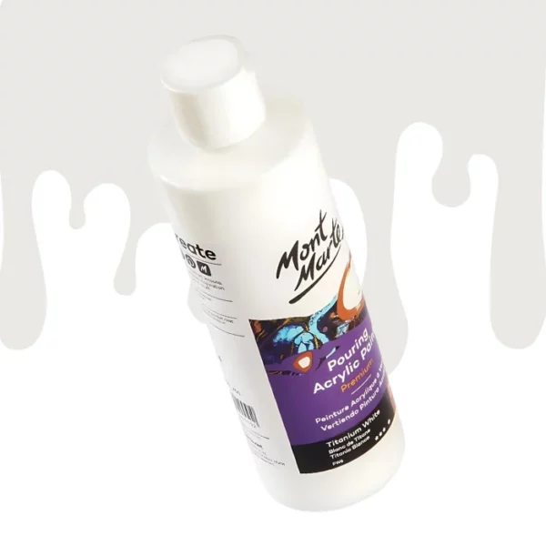 A single bottle of Titanium White Mont Marte Pouring Acrylic Paint is shown in the center of the frame at a slight angle. The bottle is clear plastic so you can see the colour of the paint through the bottle. It has a white flip top cap and a printed label around the body of the bottle. The label is white and purple and has the Mont Marte logo printed at the top with the colour name and product details below. There is a drip paint background at the back of the bottle, at the top of the frame, in the colour of the paint.