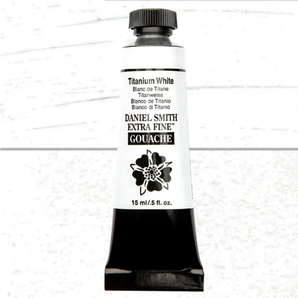 A tube of Titanium White S1 Daniel Smith Extra Fine Gouache 15ml is shown vertically, in the center of the frame. The tube has a white body, with black text that describes the colour and product details and the Daniel Smith Logo. The end of the tube has a black band and it has a black, plastic, screw on lid. The Daniel Smith flower logo is also printed on the front of the tube. The tube of paint overlays a colour swatch in the background that fills the entire frame and shows the colour of the tube.