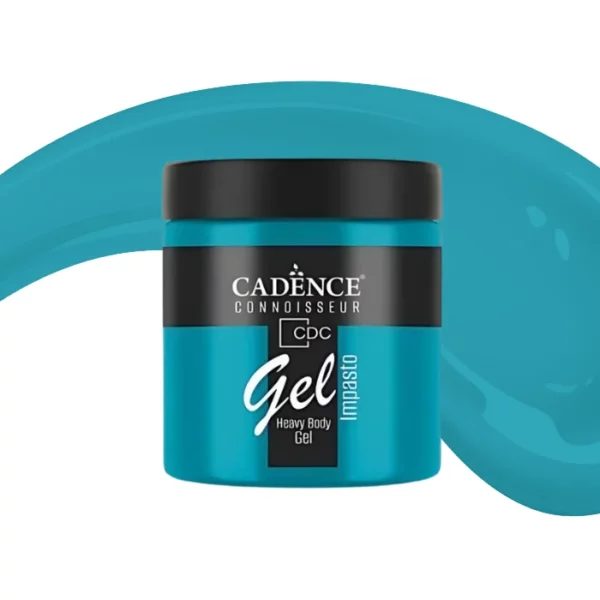 A single jar of Turquoise Cadence Connoissuer Heavy Body Gel Acrylic is shown in the center of the frame. The jar is made of clear plastic and has a black plastic, screw on lid. You can see the colour of the paint through the clear jar. There is a label around the body of the jar that has the Cadence logo and product name and details printed on the label. There is a colour swatch swirl behind the jar that denotes the colour of the paint. On a white background.