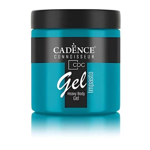 A single jar of Turquoise Cadence Connoissuer Heavy Body Gel Acrylic is shown in the center of the frame. The jar is made of clear plastic and has a black plastic, screw on lid. You can see the colour of the paint through the clear jar. There is a label around the body of the jar that has the Cadence logo and product name and details printed on the label. There is a reflection below the bottle. On a white background.