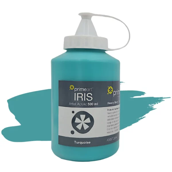 A single bottle of Turquoise Iris Acrylic Paint 500ml is shown vertically in the center of the frame. The bottle is a clear plastic bottle with a white plastic flip top lid that is hinged to the bottle. There is a label around the body of the bottle that is printed with the Prime Art logo, the product name and details. The image is center of the frame and there is a paint swatch colour behind the bottle that indicates the colour of the paint. On a white background.