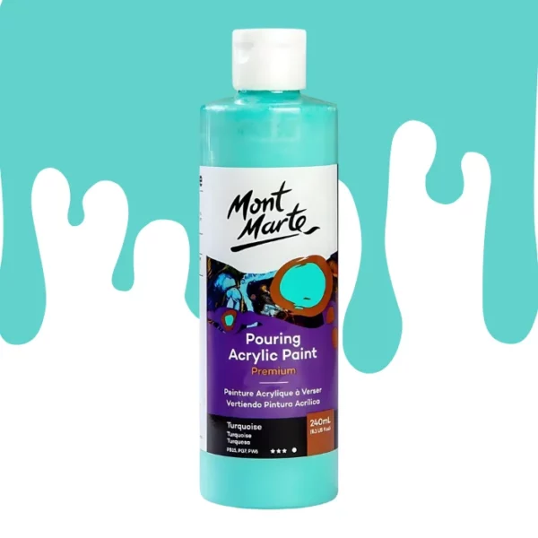 A single bottle of Turquoise Mont Marte Pouring Acrylic Paint is shown in the center of the frame. The bottle is clear plastic so you can see the colour of the paint through the bottle. It has a white flip top cap and a printed label around the body of the bottle. The label is white and purple and has the Mont Marte logo printed at the top with the colour name and product details below. There is a drip paint background at the back of the bottle, at the top of the frame, in the colour of the paint.