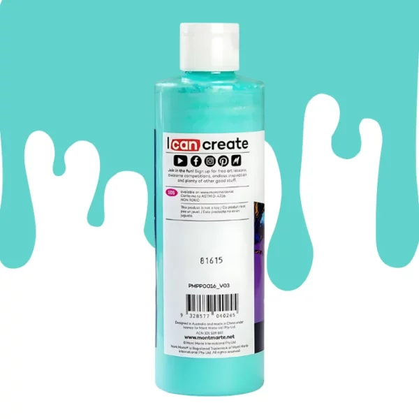 A single bottle of Turquoise Mont Marte Pouring Acrylic Paint is shown in the center of the frame. It is the back of the bottle. The bottle is clear plastic so you can see the colour of the paint through the bottle. It has a white flip top cap and a printed label around the body of the bottle. The label is white and has black text describing the product. There is a drip paint background at the back of the bottle, at the top of the frame, in the colour of the paint.