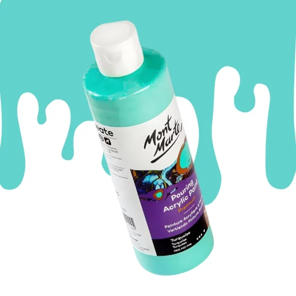 A single bottle of Turquoise Mont Marte Pouring Acrylic Paint is shown in the center of the frame at a slight angle. The bottle is clear plastic so you can see the colour of the paint through the bottle. It has a white flip top cap and a printed label around the body of the bottle. The label is white and purple and has the Mont Marte logo printed at the top with the colour name and product details below. There is a drip paint background at the back of the bottle, at the top of the frame, in the colour of the paint.