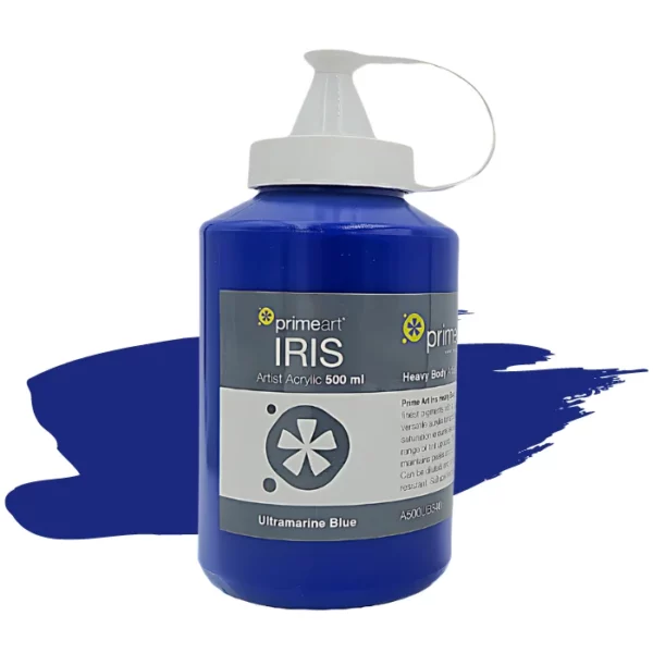 A single bottle of Ultramarine Blue Iris Acrylic Paint 500ml is shown vertically in the center of the frame. The bottle is a clear plastic bottle with a white plastic flip top lid that is hinged to the bottle. There is a label around the body of the bottle that is printed with the Prime Art logo, the product name and details. The image is center of the frame and there is a paint swatch colour behind the bottle that indicates the colour of the paint. On a white background.