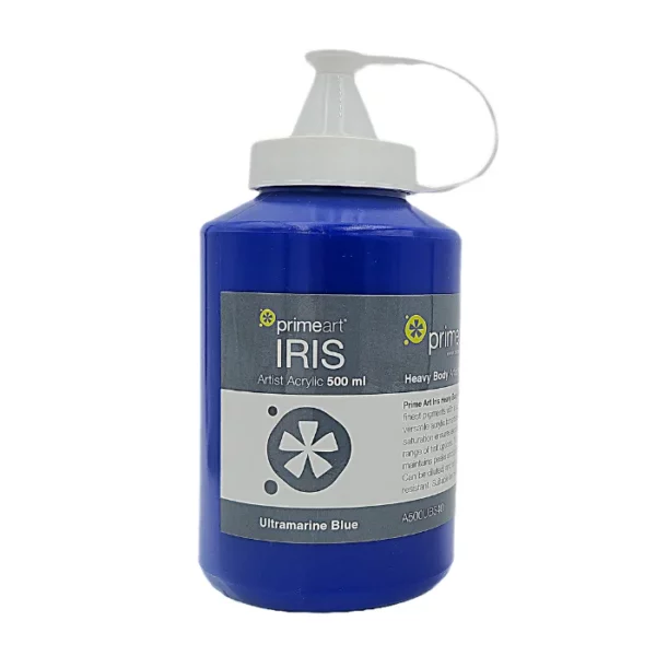 A single bottle of Ultramarine Blue Iris Acrylic Paint 500ml is shown vertically in the center of the frame. The bottle is a clear plastic bottle with a white plastic flip top lid that is hinged to the bottle. There is a label around the body of the bottle that is printed with the Prime Art logo, the product name and details. The image is center of the frame and on a white background.