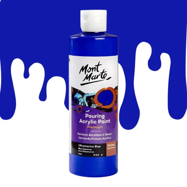 A single bottle of Ultramarine Blue Mont Marte Pouring Acrylic Paint is shown in the center of the frame. The bottle is clear plastic so you can see the colour of the paint through the bottle. It has a white flip top cap and a printed label around the body of the bottle. The label is white and purple and has the Mont Marte logo printed at the top with the colour name and product details below. There is a drip paint background at the back of the bottle, at the top of the frame, in the colour of the paint.