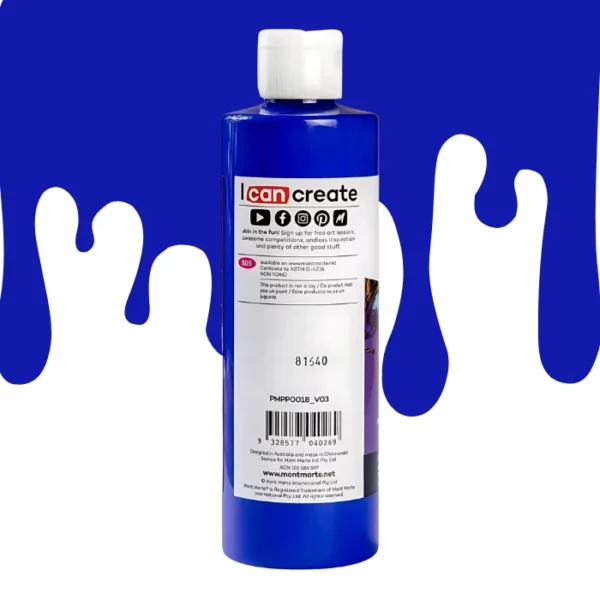 A single bottle of Ultramarine Blue Mont Marte Pouring Acrylic Paint is shown in the center of the frame. It is the back of the bottle. The bottle is clear plastic so you can see the colour of the paint through the bottle. It has a white flip top cap and a printed label around the body of the bottle. The label is white and has black text describing the product. There is a drip paint background at the back of the bottle, at the top of the frame, in the colour of the paint.