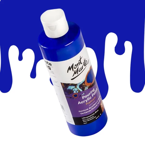 A single bottle of Ultramarine Blue Mont Marte Pouring Acrylic Paint is shown in the center of the frame at a slight angle. The bottle is clear plastic so you can see the colour of the paint through the bottle. It has a white flip top cap and a printed label around the body of the bottle. The label is white and purple and has the Mont Marte logo printed at the top with the colour name and product details below. There is a drip paint background at the back of the bottle, at the top of the frame, in the colour of the paint.