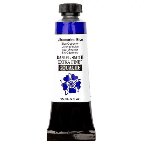 A tube of Ultramarine Blue S1 Daniel Smith Extra Fine Gouache 15ml is shown vertically, in the center of the frame. The tube has a white body, with black text that describes the colour and product details and the Daniel Smith Logo. The end of the tube has a black band and it has a black, plastic, screw on lid. The Daniel Smith flower logo is also printed on the front of the tube. On a white background.