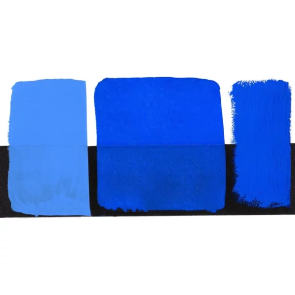 There is a colour swatch of the Ultramarine Blue S1 Daniel Smith Extra Fine Gouache 15ml Paint, shown in the center of the frame, horizontally. It is shown on a white background and a black background and there are 3 swatches, showing the paint in it's purest form, used directly from the tube, as well as the paint when diluted with water, so it becomes more transparent. On a white background.