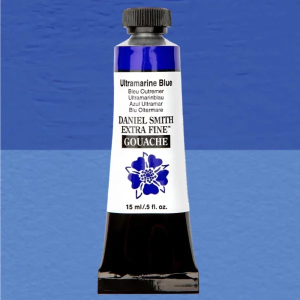 A tube of Ultramarine Blue S1 Daniel Smith Extra Fine Gouache 15ml is shown vertically, in the center of the frame. The tube has a white body, with black text that describes the colour and product details and the Daniel Smith Logo. The end of the tube has a black band and it has a black, plastic, screw on lid. The Daniel Smith flower logo is also printed on the front of the tube. The tube of paint overlays a colour swatch in the background that fills the entire frame and shows the colour of the tube.