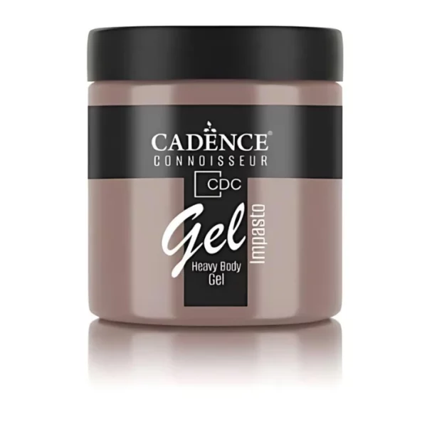 A single jar of Umber Cadence Connoissuer Heavy Body Gel Acrylic is shown in the center of the frame. The jar is made of clear plastic and has a black plastic, screw on lid. You can see the colour of the paint through the clear jar. There is a label around the body of the jar that has the Cadence logo and product name and details printed on the label. There is a reflection below the bottle. On a white background.