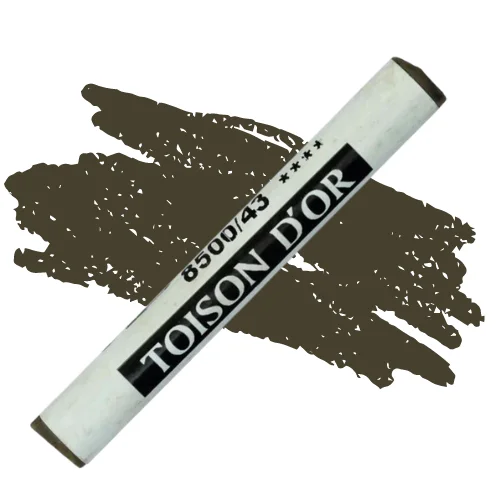 A single Van Dyke Brown Koh-I-Noor Toison D’Or Soft Pastel is shown diagonally, across the center of the frame. The pastel has a paper wrapper around the body, which is printed in black with the brand name and product colour number. There is a colour swatch in the center of the background, behind the pastel, that indicates the colour of the pastel. On a white background.