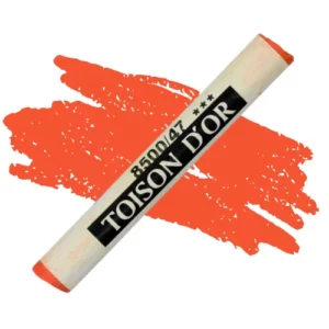 A single Vermillion Dark Koh-I-Noor Toison D’Or Soft Pastel is shown diagonally, across the center of the frame. The pastel has a paper wrapper around the body, which is printed in black with the brand name and product colour number. There is a colour swatch in the center of the background, behind the pastel, that indicates the colour of the pastel. On a white background.