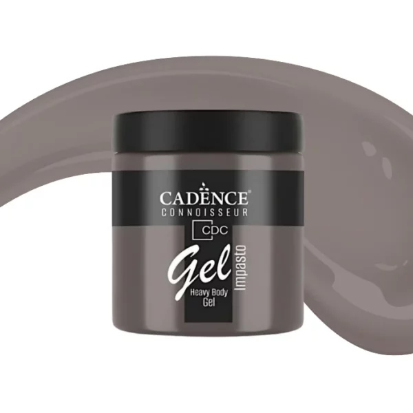 A single jar of Warm Stone Cadence Connoissuer Heavy Body Gel Acrylic is shown in the center of the frame. The jar is made of clear plastic and has a black plastic, screw on lid. You can see the colour of the paint through the clear jar. There is a label around the body of the jar that has the Cadence logo and product name and details printed on the label. There is a colour swatch swirl behind the jar that denotes the colour of the paint. On a white background.