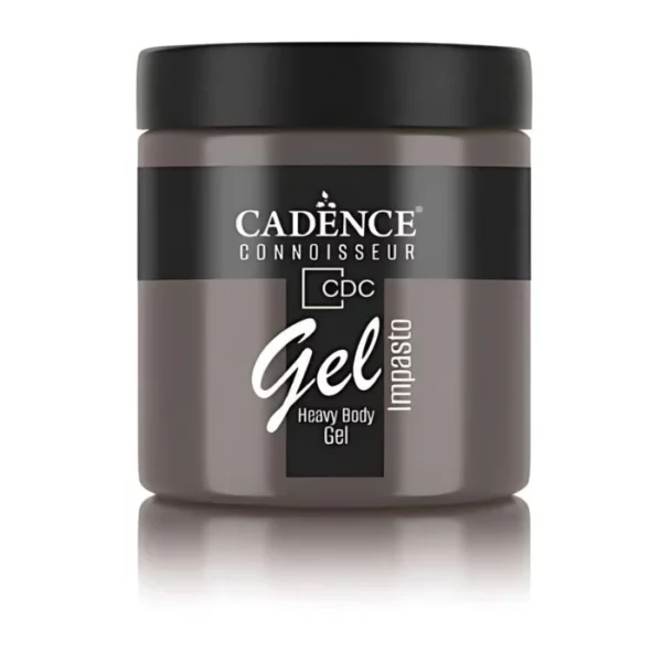 A single jar of Warm Stone Cadence Connoissuer Heavy Body Gel Acrylic is shown in the center of the frame. The jar is made of clear plastic and has a black plastic, screw on lid. You can see the colour of the paint through the clear jar. There is a label around the body of the jar that has the Cadence logo and product name and details printed on the label. There is a reflection below the bottle. On a white background.