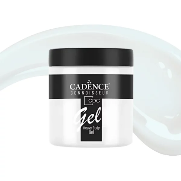 A single jar of White Cadence Connoissuer Heavy Body Gel Acrylic is shown in the center of the frame. The jar is made of clear plastic and has a black plastic, screw on lid. You can see the colour of the paint through the clear jar. There is a label around the body of the jar that has the Cadence logo and product name and details printed on the label. There is a colour swatch swirl behind the jar that denotes the colour of the paint. On a white background.