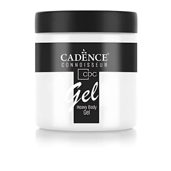 A single jar of White Cadence Connoissuer Heavy Body Gel Acrylic is shown in the center of the frame. The jar is made of clear plastic and has a black plastic, screw on lid. You can see the colour of the paint through the clear jar. There is a label around the body of the jar that has the Cadence logo and product name and details printed on the label. There is a reflection below the bottle. On a white background.