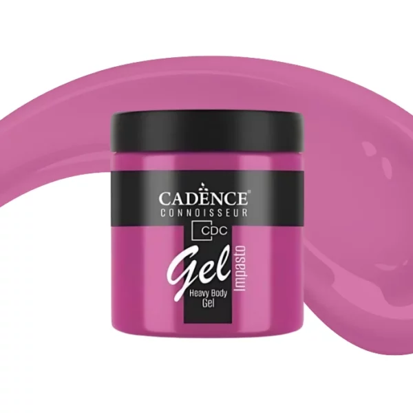 A single jar of Wild Strawberry Cadence Connoissuer Heavy Body Gel Acrylic is shown in the center of the frame. The jar is made of clear plastic and has a black plastic, screw on lid. You can see the colour of the paint through the clear jar. There is a label around the body of the jar that has the Cadence logo and product name and details printed on the label. There is a colour swatch swirl behind the jar that denotes the colour of the paint. On a white background.