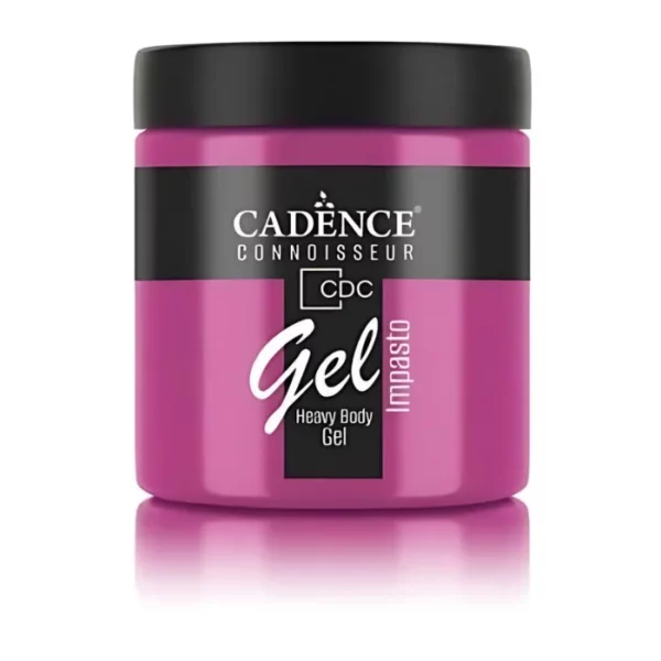 A single jar of Wild Strawberry Cadence Connoissuer Heavy Body Gel Acrylic is shown in the center of the frame. The jar is made of clear plastic and has a black plastic, screw on lid. You can see the colour of the paint through the clear jar. There is a label around the body of the jar that has the Cadence logo and product name and details printed on the label. There is a reflection below the bottle. On a white background.