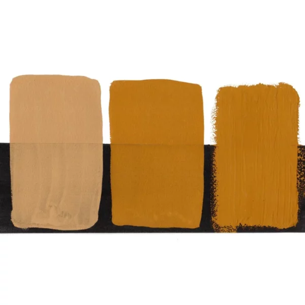 There is a colour swatch of the Yellow Ochre S1 Daniel Smith Extra Fine Gouache 15ml Paint, shown in the center of the frame, horizontally. It is shown on a white background and a black background and there are 3 swatches, showing the paint in it's purest form, used directly from the tube, as well as the paint when diluted with water, so it becomes more transparent. On a white background.