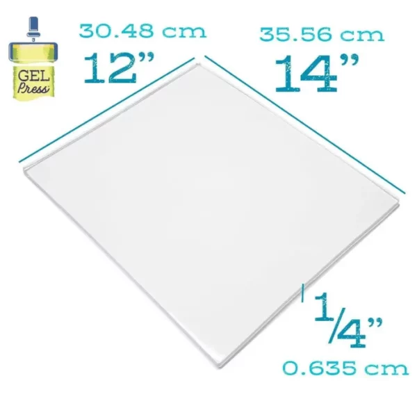 The image shows a single, 12" x 14" Gel Press Printing Plate with the plate dimensions next to the image. The plate is translucent. The Gel Press logo is shown in the top left hand corner of the frame. The image is on a white background.