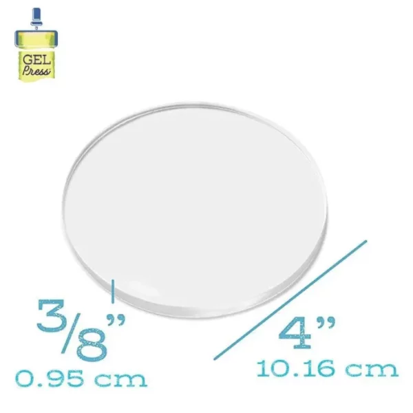 The image shows a single, 4" Round Gel Press Printing Plate with the plate dimensions next to the image. The plate is translucent. The Gel Press logo is shown in the top left hand corner of the frame. The image is on a white background.