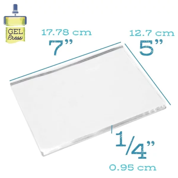 The image shows a single, 5" x 7" Gel Press Printing Plate with the plate dimensions next to the image. The plate is translucent. The Gel Press logo is shown in the top left hand corner of the frame. The image is on a white background.