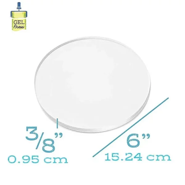 The image shows a single, 6" Round Gel Press Printing Plate with the plate dimensions next to the image. The plate is translucent. The Gel Press logo is shown in the top left hand corner of the frame. The image is on a white background.