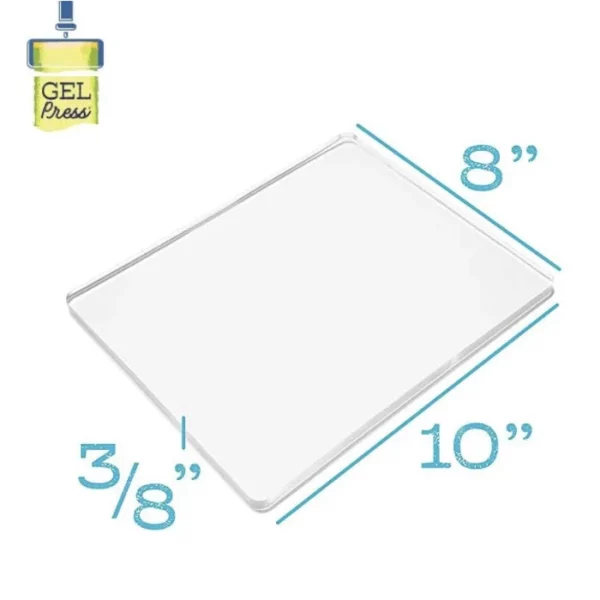 The image shows a single, 8" x 10" Gel Press Printing Plate with the plate dimensions next to the image. The plate is translucent. The Gel Press logo is shown in the top left hand corner of the frame. The image is on a white background.