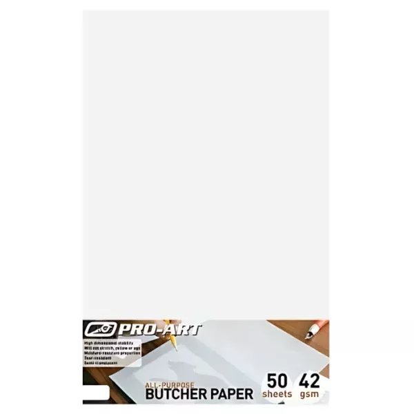 A single A3 Pro Art Butcher Paper Pack is shown, vertically, in the center of the frame. The paper is white and there is a printed label at the bottom of the pack - horizontally across the paper pack. It has the Pro Art Logo and product details printed on it. The image is center of the frame and on a white background.