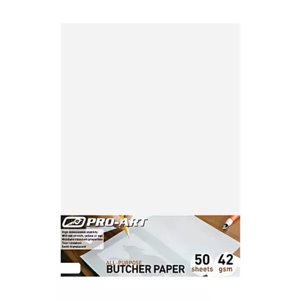 A single A4 Pro Art Butcher Paper Pack is shown, vertically, in the center of the frame. The paper is white and there is a printed label at the bottom of the pack - horizontally across the paper pack. It has the Pro Art Logo and product details printed on it. The image is center of the frame and on a white background.