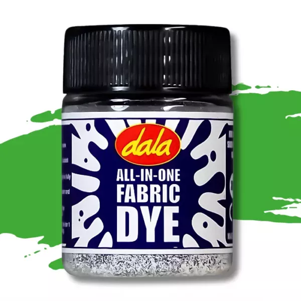 A single plastic bottle of Apple Green Dala All-In-One Fabric Dye is shown in the center of the frame. The bottle has a black, plastic, screw on lid and there is a printed label around the body of the bottle that has a splash printed on it and the Dala logo as well as the name of the product. There is a swatch in the background that denotes the colour of the dye. On a white background.