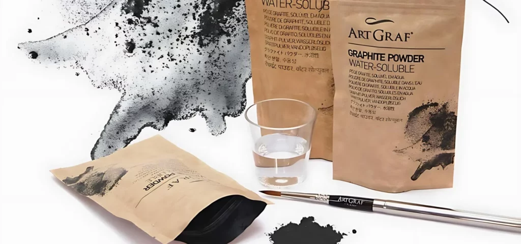 ArtGraf Water Soluble Graphite Powder Sacks of various sizes with a small pile of powder in front of the sacks and a paint brush and small cup of water showing that it is water soluble