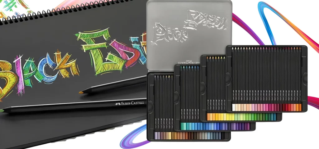 the faber castell black edition pencils are on the right hand side of the image. they are a tin set of 100. the tin is open and 4 layers are overlapping eachother showing the large range of colours available in the set. the tin is black and the underside of the top of the tin is silver. to the left is a black book which is open and the works black edition have been written on it in a multitude of colours with two pencils undernr=eath of it. they are on a white background with a rainbow squiggle behind them