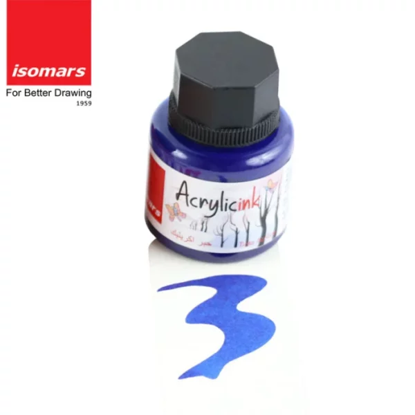 A single bottle of Blue Isomars Acrylic Ink 30ml is shown at the top of the frame. There is a colour swatch below the bottle, to indicate the colour of the ink. The bottle is a clear plastic so you can see the colour of the ink inside. It has a black, plastic, screw on lid and a printed label around the body of the bottle. The label has the product name and details printed on it. The Isomars logo is printed in the top left hand corner of the frame. On a white background.