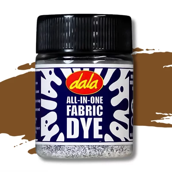 A single plastic bottle of Brown Dala All-In-One Fabric Dye is shown in the center of the frame. The bottle has a black, plastic, screw on lid and there is a printed label around the body of the bottle that has a splash printed on it and the Dala logo as well as the name of the product. There is a swatch in the background that denotes the colour of the dye. On a white background.