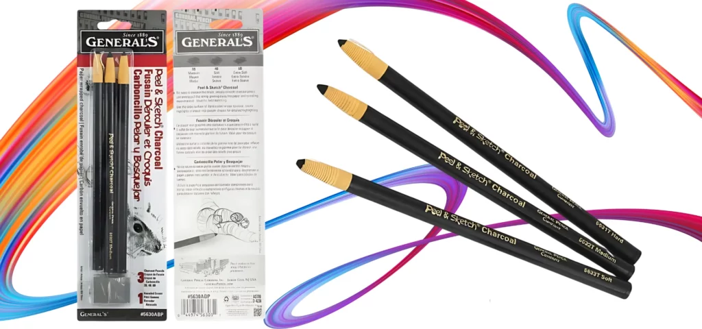 on the left of the image is Peel & Sketch Charcoal Pencil & Eraser Set - General Pencil Co. Inc. A front view of the set is shown along the left hand side of the frame and the back side of the set is shown along the right hand side of the frame. They are centered and on a white background and on the right of the image is Peel & Sketch Charcoal Pencil & Eraser Set - General Pencil Co. Inc. The contents of the pack are loose. 3 pencils are shown diagonally across the frame with the eraser below them. The pencils are black and are on a white background.on a rainbow squiggle on a white background